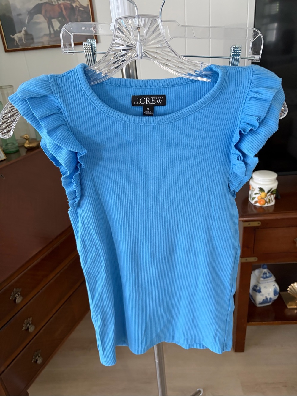 J.Crew Bright Blue Ribbed Ruffle Sleeve Tank